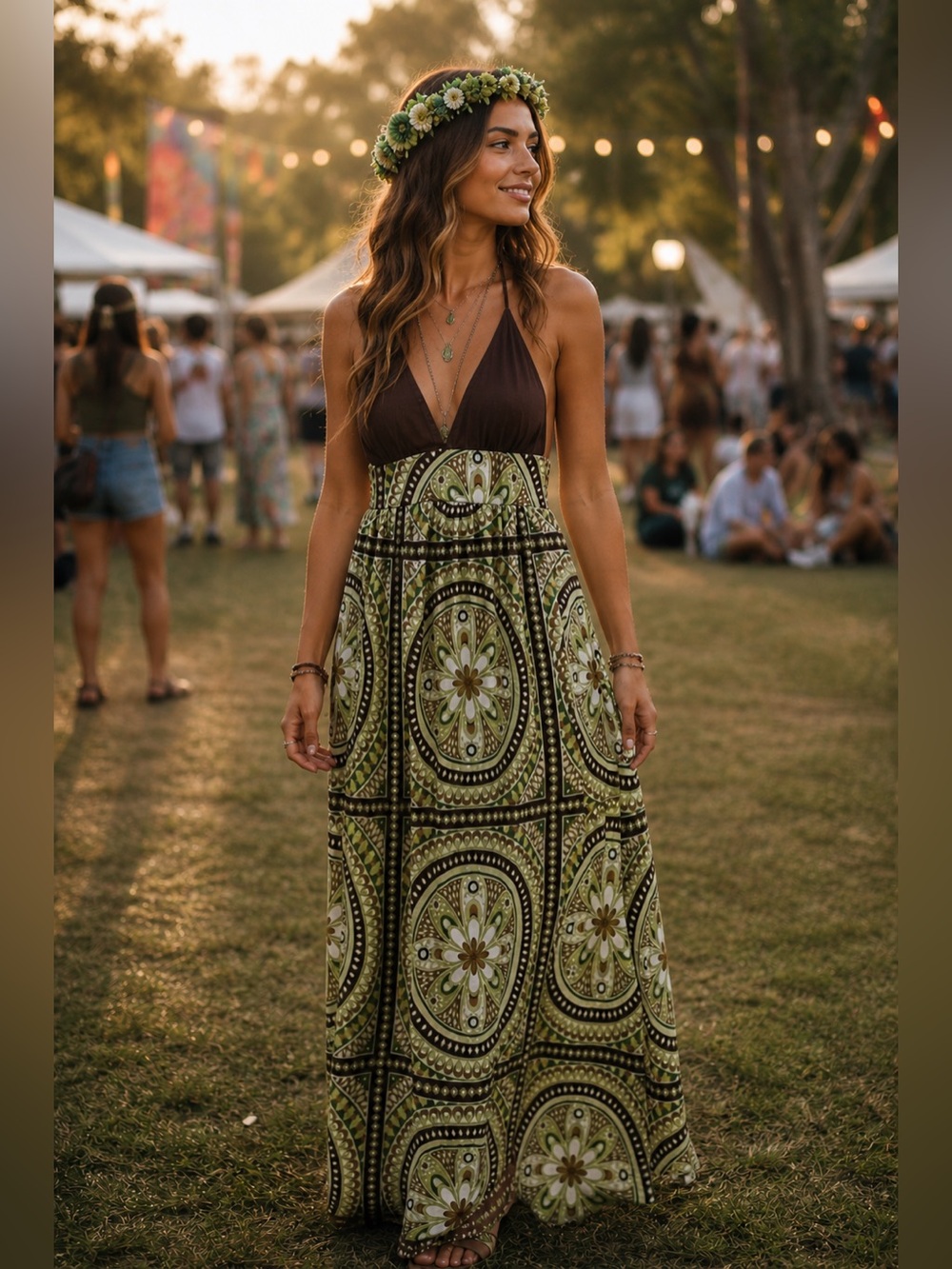 Vintage Y2K Bohemian Mandala Sleeveless Tiered Halter Maxi Dress